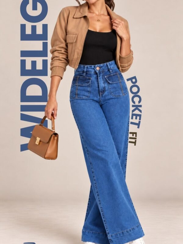 Pantalon Wide Leg de Mezclilla con Bolsillos Frontales para Mujer