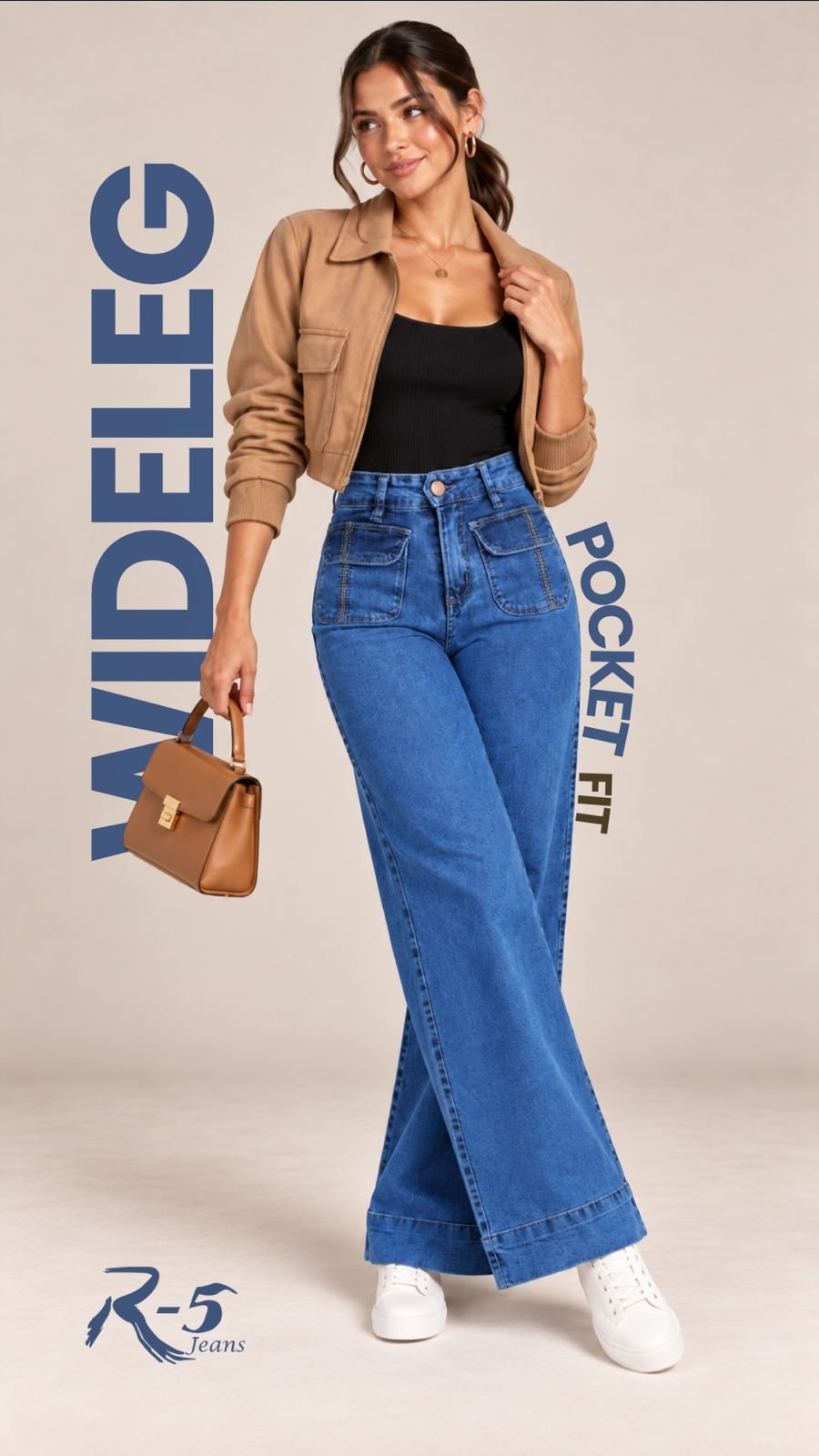 Pantalon Wide Leg de Mezclilla con Bolsillos Frontales para Mujer