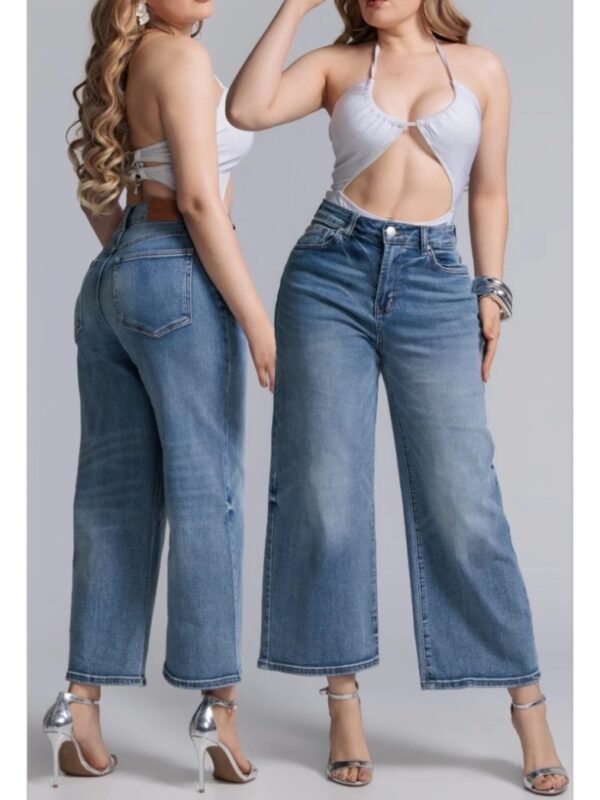 Pantalón Wide Leg de Mezclilla Azul Claro Talla Petite para Mujer