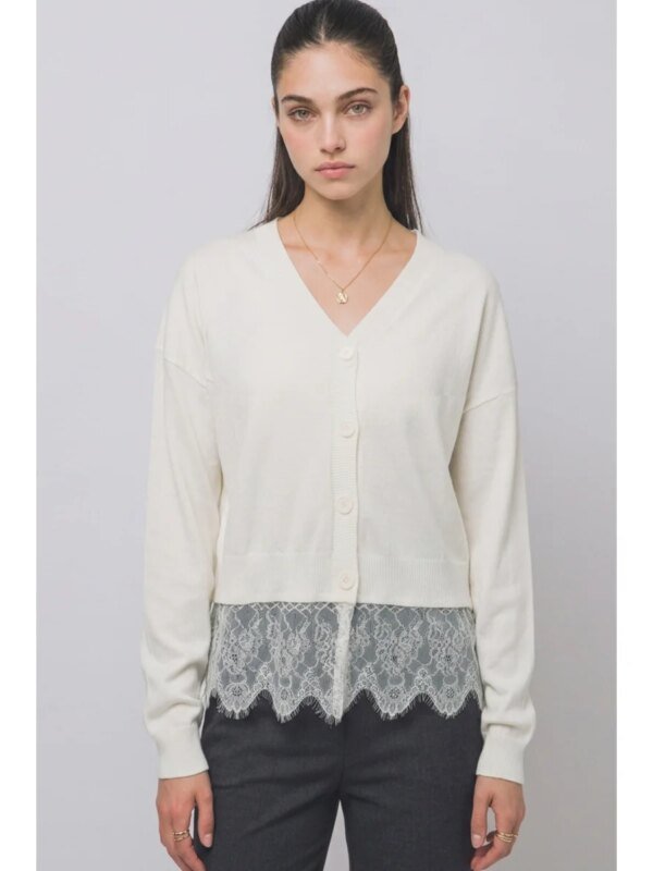 Suéter Cardigan Marfil con Encaje en Dobladillo para Mujer