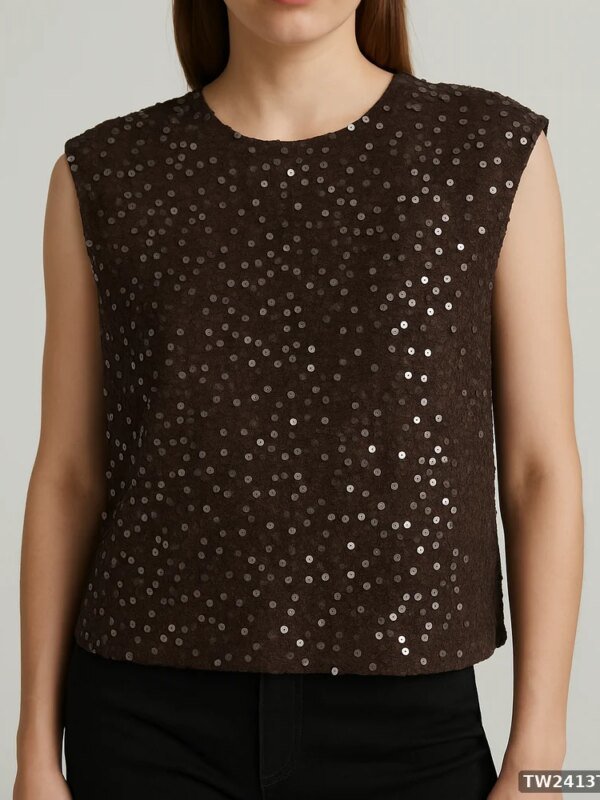 Blusa Sin Mangas con Lentejuelas Café Oscuro Elegante para Mujer