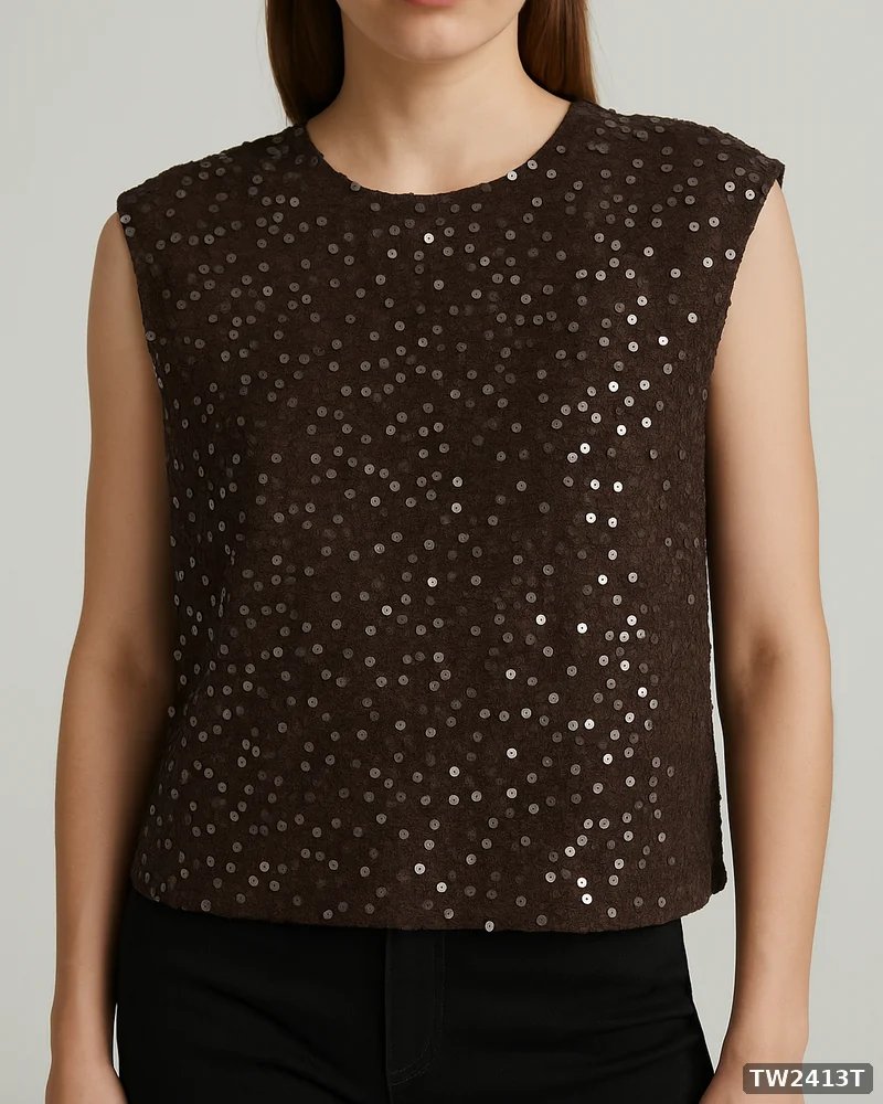 Blusa Sin Mangas con Lentejuelas Café Oscuro Elegante para Mujer